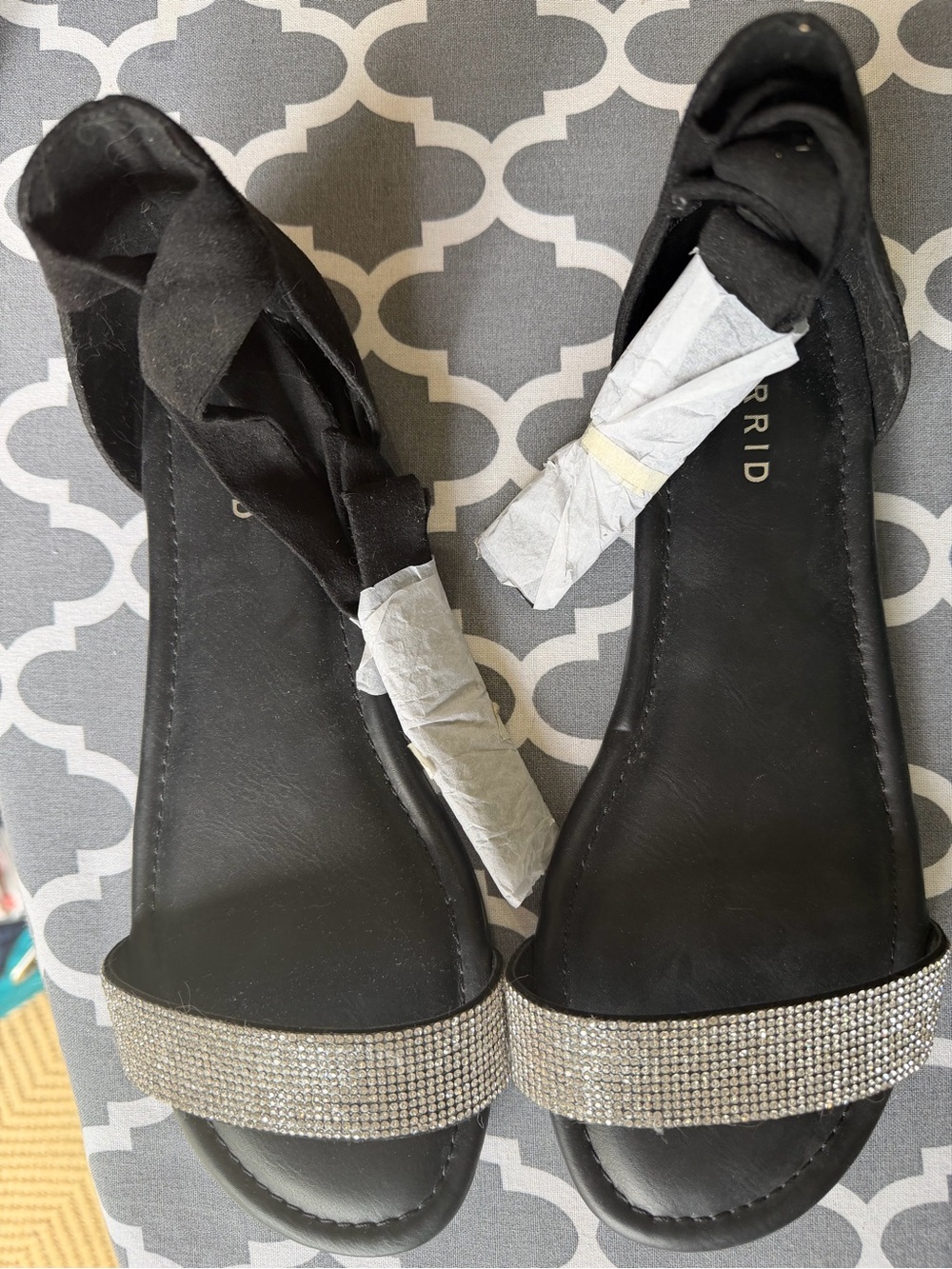 Women’s Black Embellished Sandals with Rhinestone toe and canvas Strap. NWT
